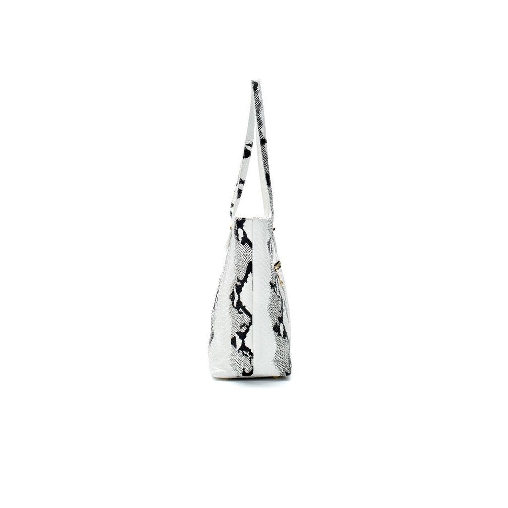 White and Black Leather Snake Print Tote Bag
