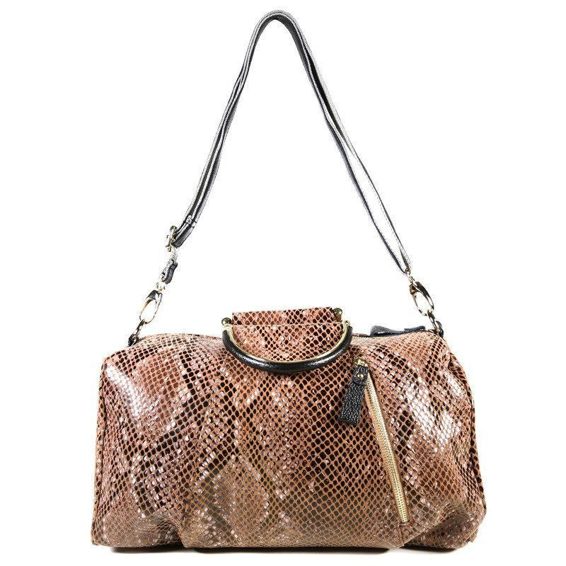 Light Brown Patent Leather Snake Print Satchel Bag