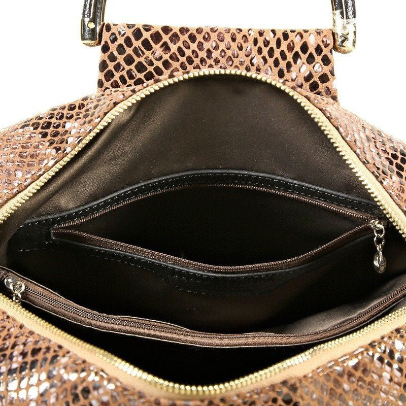 Light Brown Patent Leather Snake Print Satchel Bag