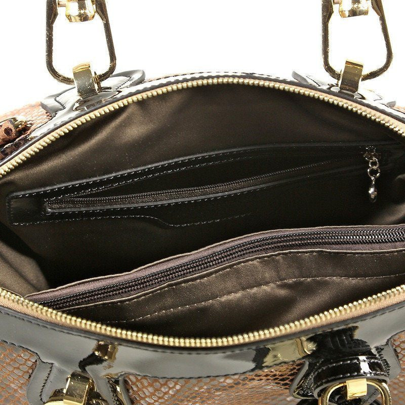 Light Brown Patent Leather Snake Print Satchel Tote