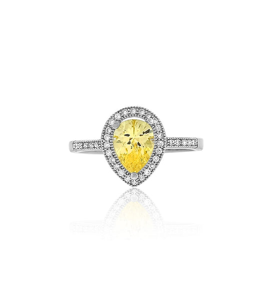 pear yellow diamond cz silver ring