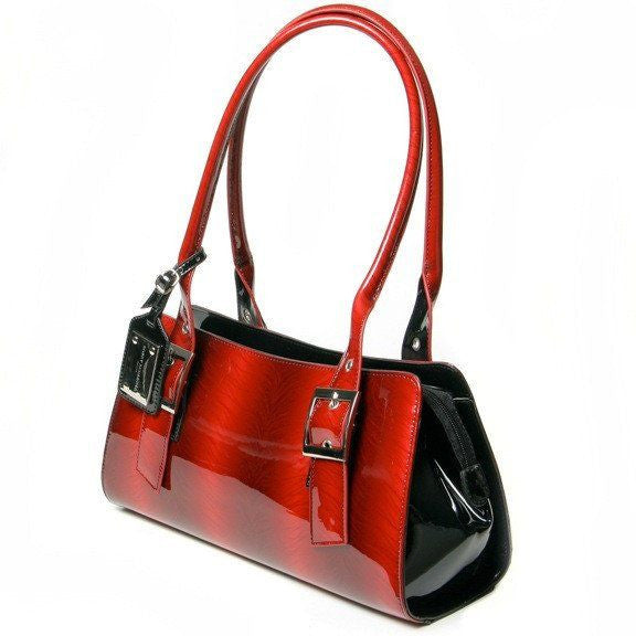 Red Feather Print Patent Italian Leather Bag