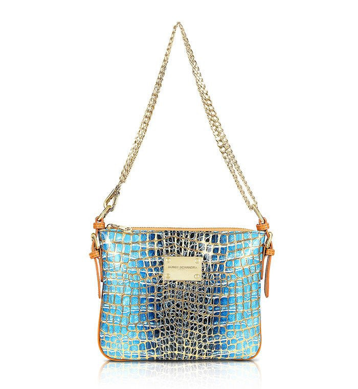 Teal Blue Gold Leather Designer Handbag Crossbody Messenger