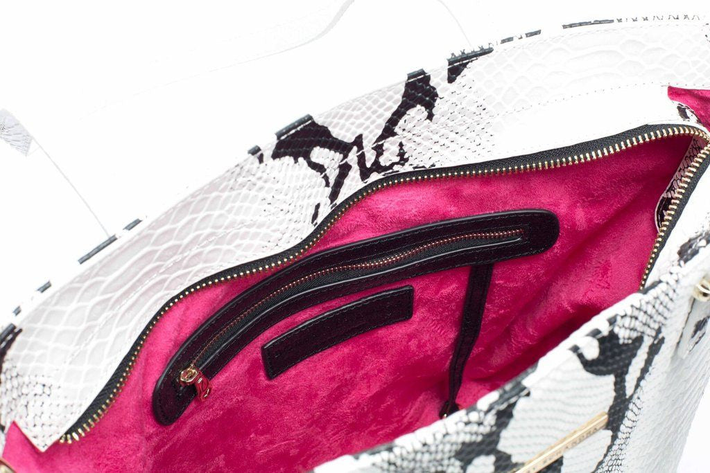 White and Black Leather Snake Print Tote Bag